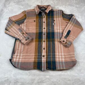 Carhartt Women's Plaid Flannel Shirt Loose Fit Medium Pink Teal Gold Cotton